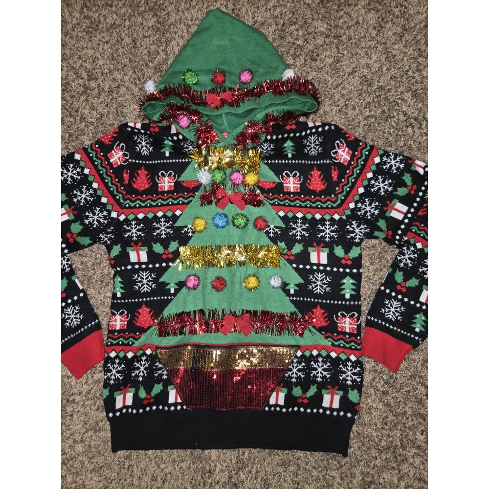 Womens Crazy Christmas Sweater w/ Hood- Nordstroms Off The Rack Size Large